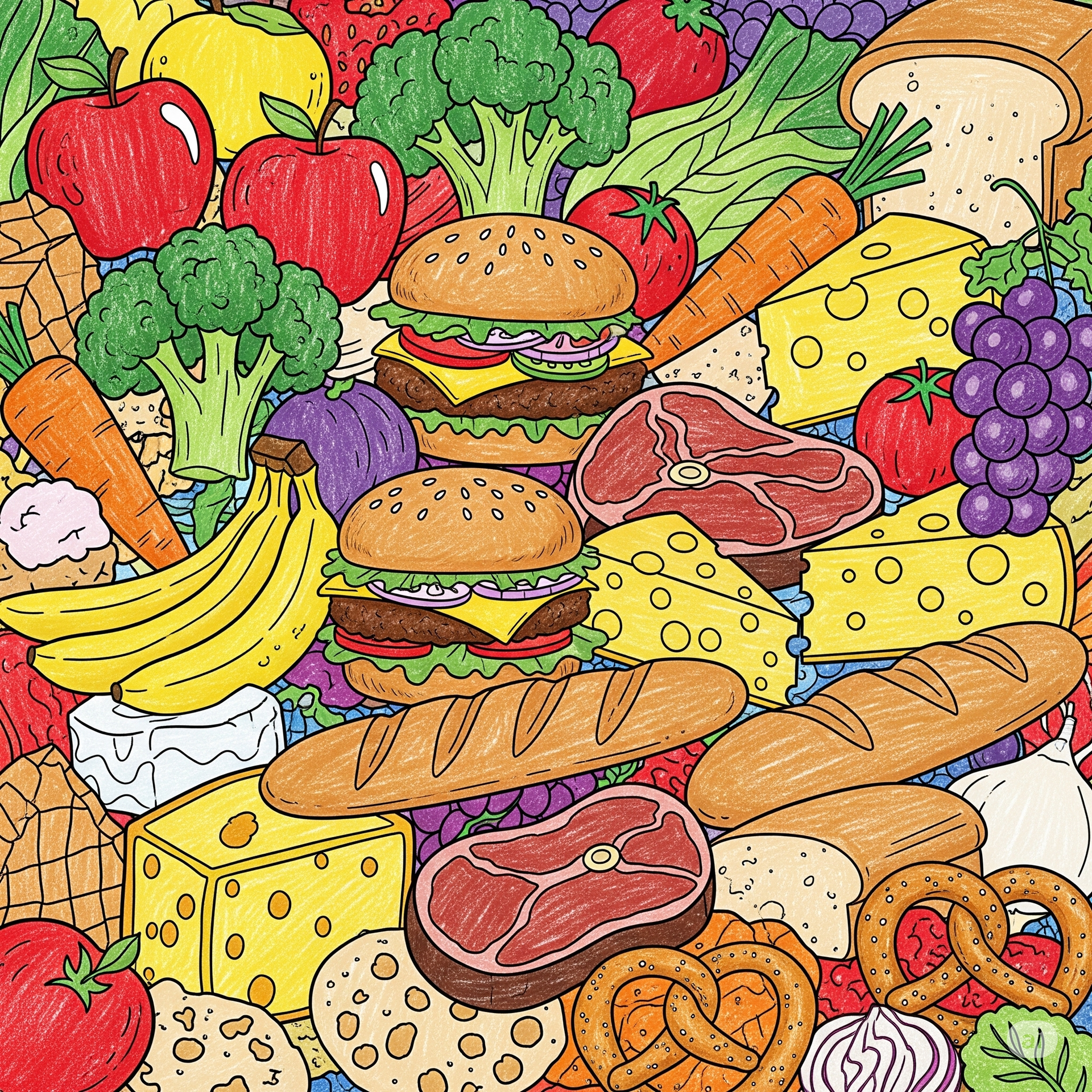 Assortment of colorful food items: fruits, vegetables, bread, cheese, meat, burgers.