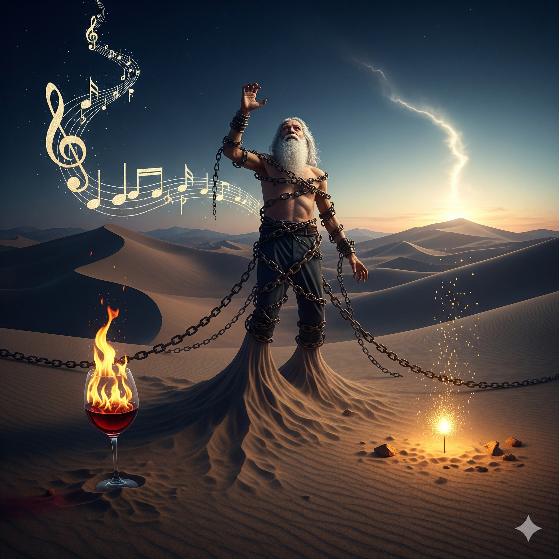 An elderly, chained figure sings in a desert, with a musical score, lightning, and a fiery wine glass.