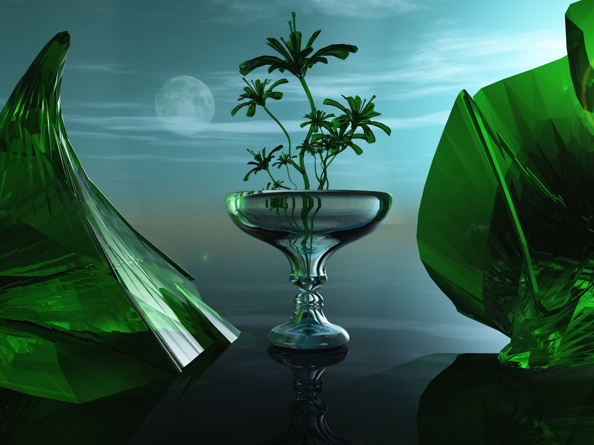 A plant in a clear glass goblet, between two abstract green shapes, with a moon in the sky.