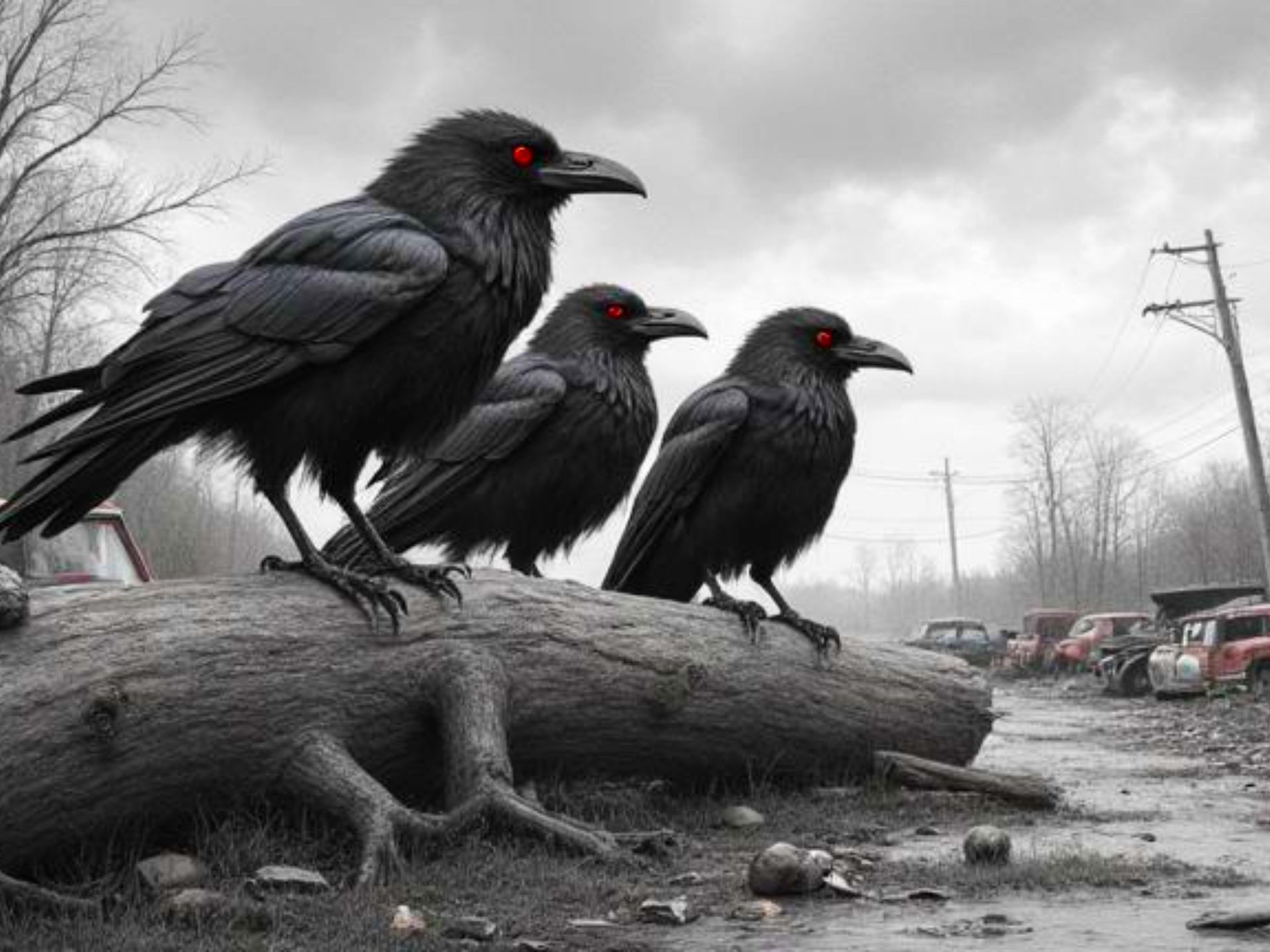 Three black crows with red eyes perched on a log in a drab, desolate setting.