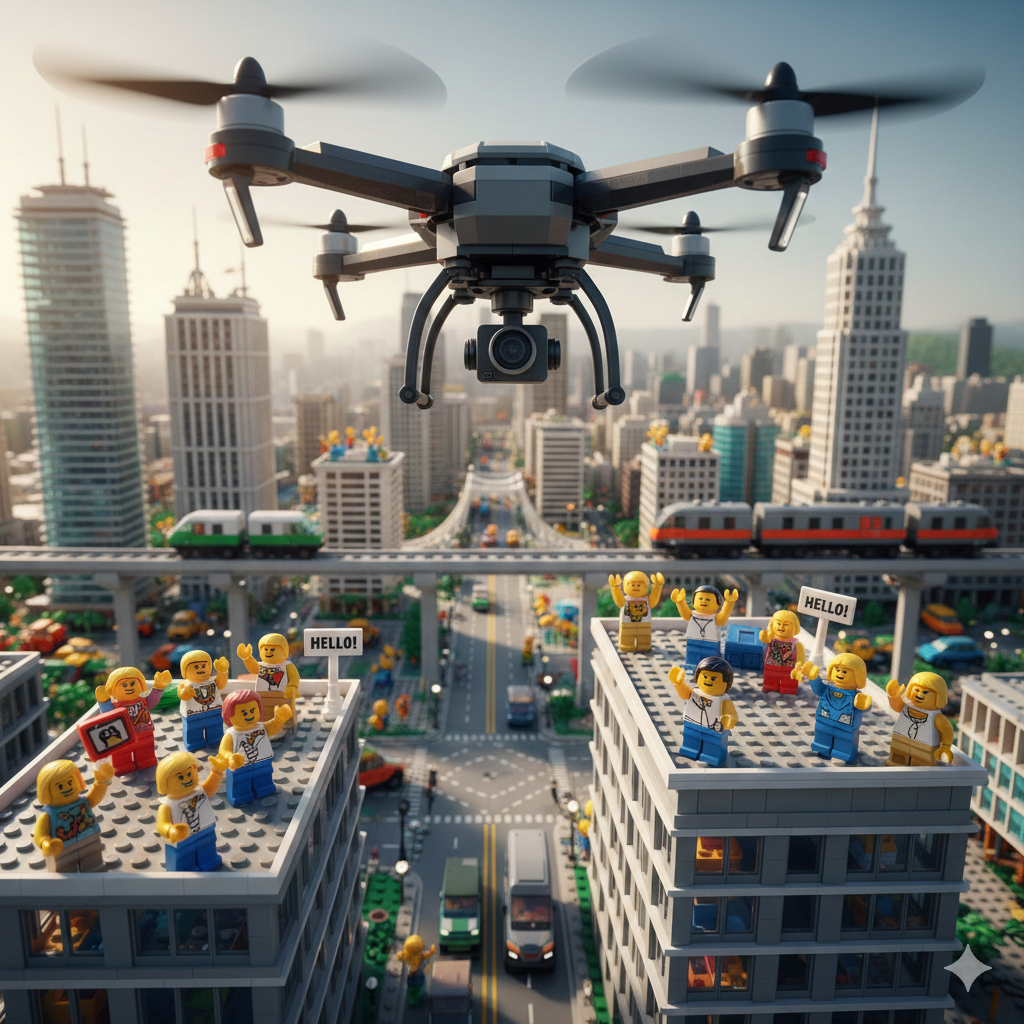 Drone flying over a LEGO city with figures on rooftops, elevated trains, and cars on streets.