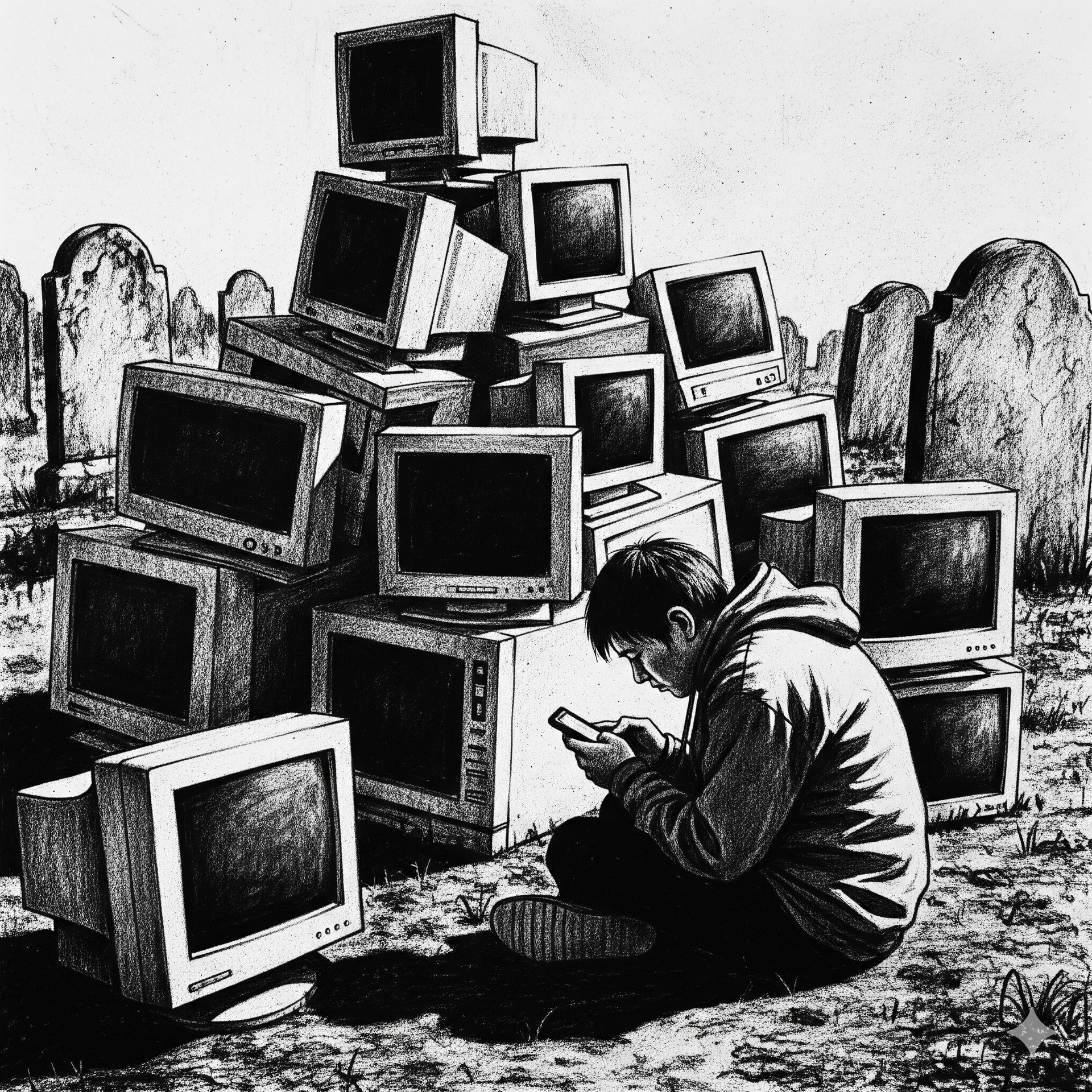 Man sits using a phone near a pile of old computer monitors in a graveyard.