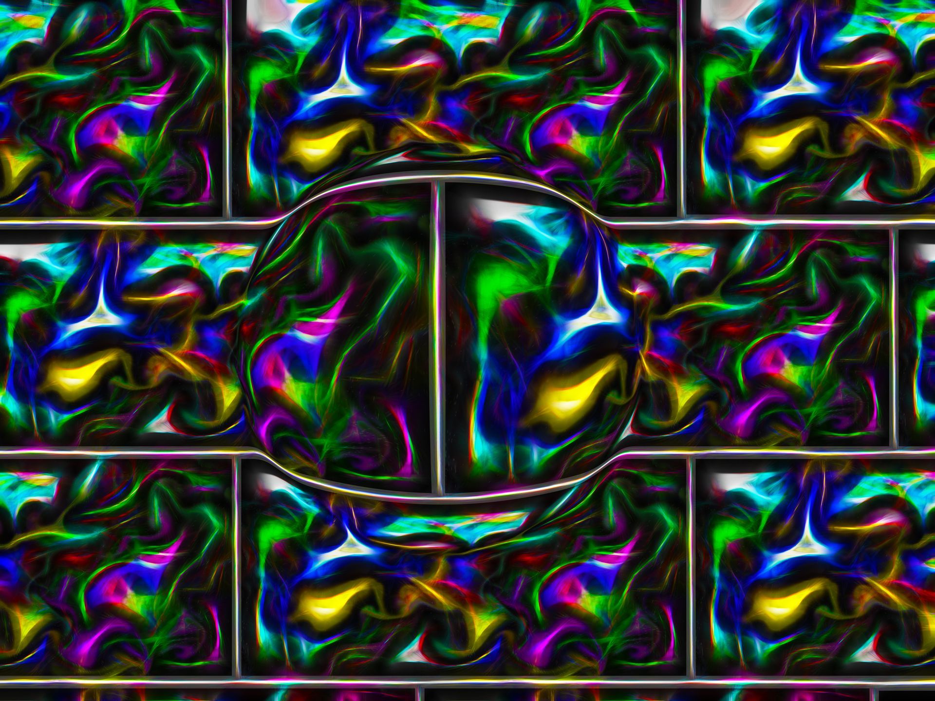 Abstract, psychedelic image with a spherical indentation amidst a grid of colorful, swirling patterns and metallic borders.