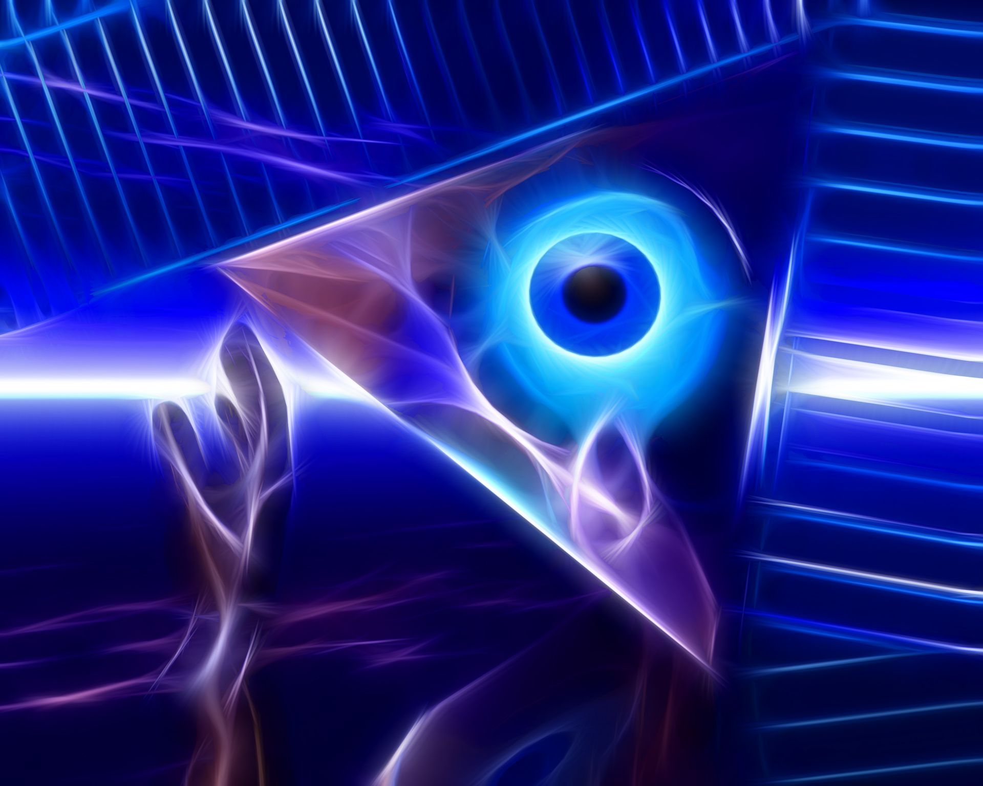 Blue neon bird-like creature with a glowing eye against a geometric, blue background.