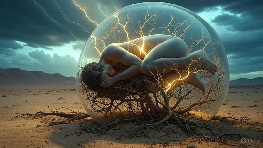 Nude person curled inside a transparent sphere with lightning and tree roots. Desert background.