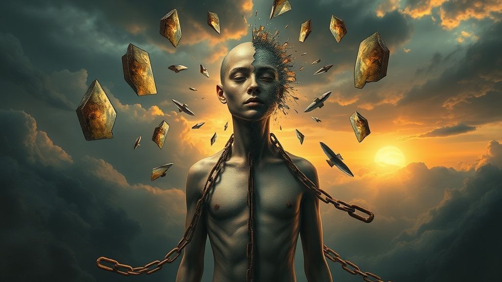 A person chained, dissolving on one side, surrounded by rocks and birds. Cloudy sky and sunset in background.