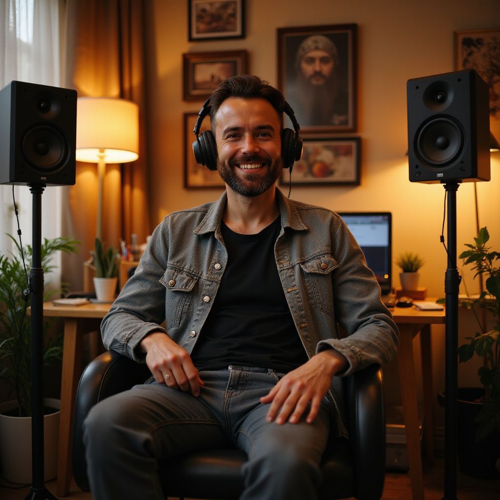 Man with headphones sits between speakers, smiling. In home office with desk and art.