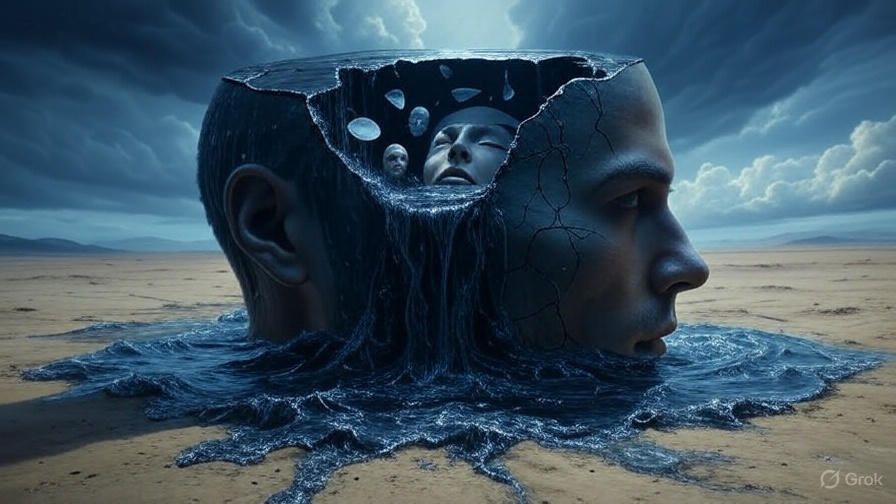 Large head, cracked open with water flowing out. Other faces inside the head, cloudy sky.