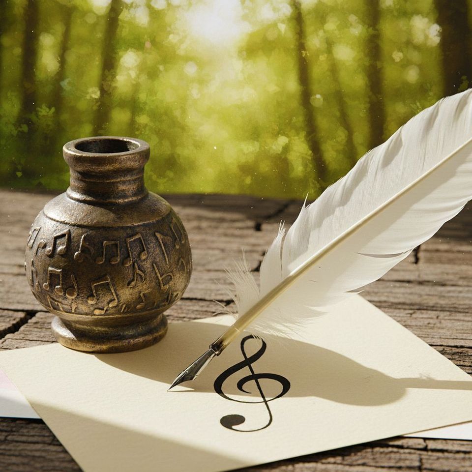 Inkwell, quill, and sheet with treble clef on wood table in forest setting.