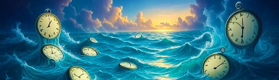 Clocks floating in a turbulent ocean under a sunset sky.