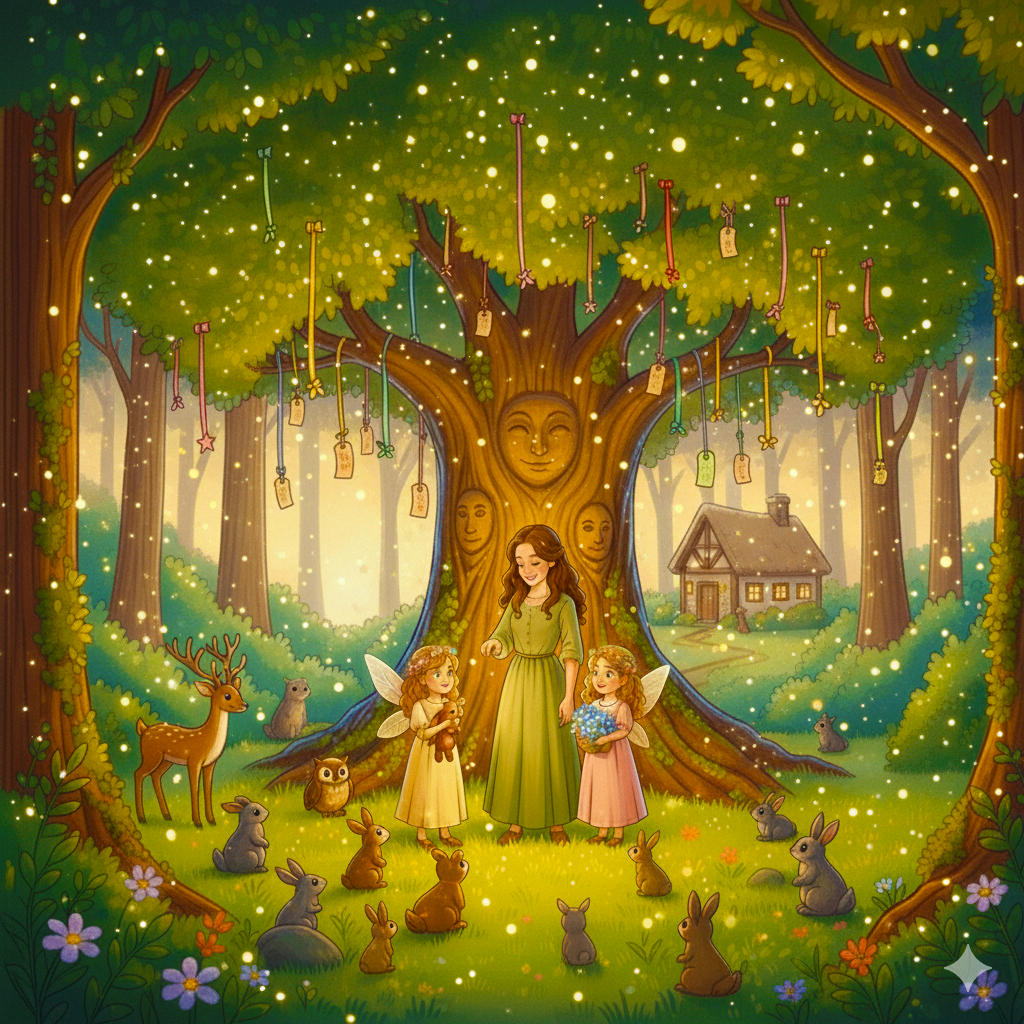 Forest scene with a woman and fairies around a tree with hanging ornaments, surrounded by animals and a small house.