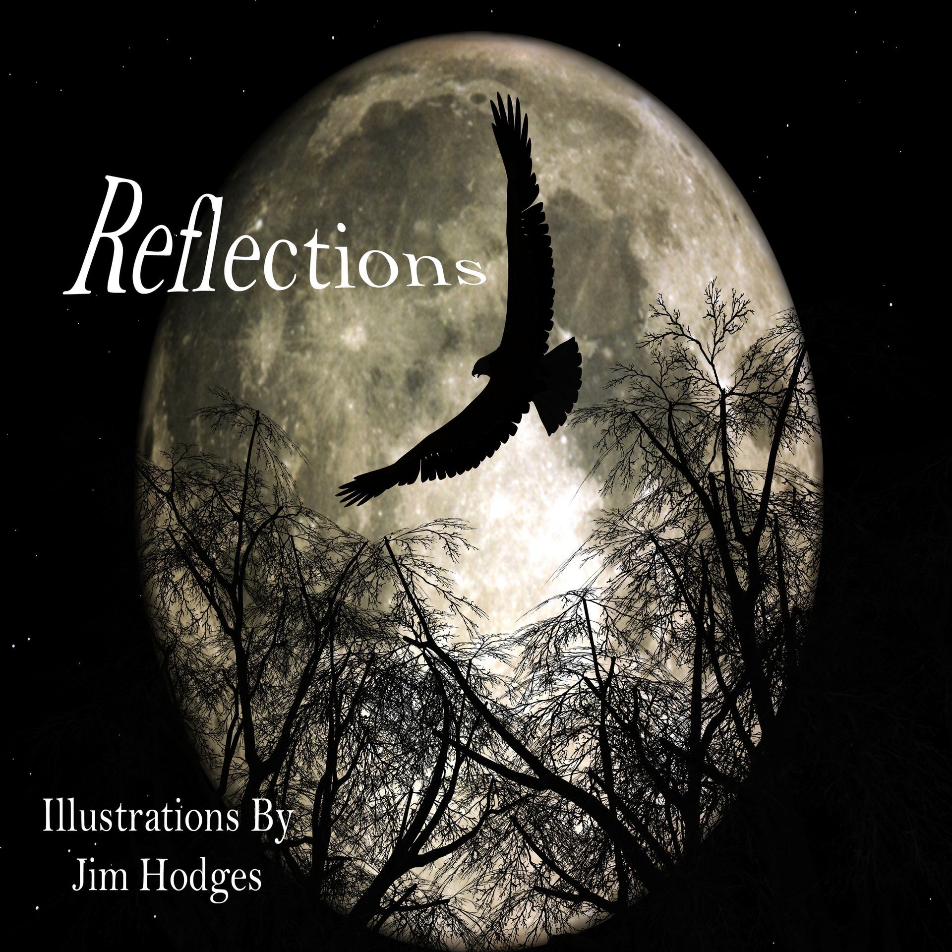 Silhouette of an eagle soaring in front of a full moon above silhouetted trees. 