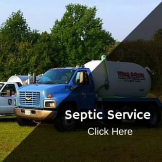 A blue septic service truck parked on grass, with text overlaid reading