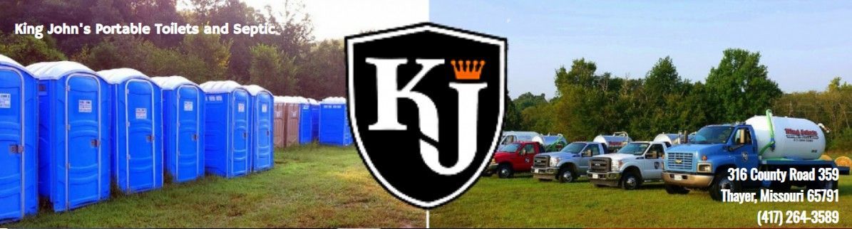 A field with rows of blue portable toilets and a company service truck, featuring the King John's logo in the center.