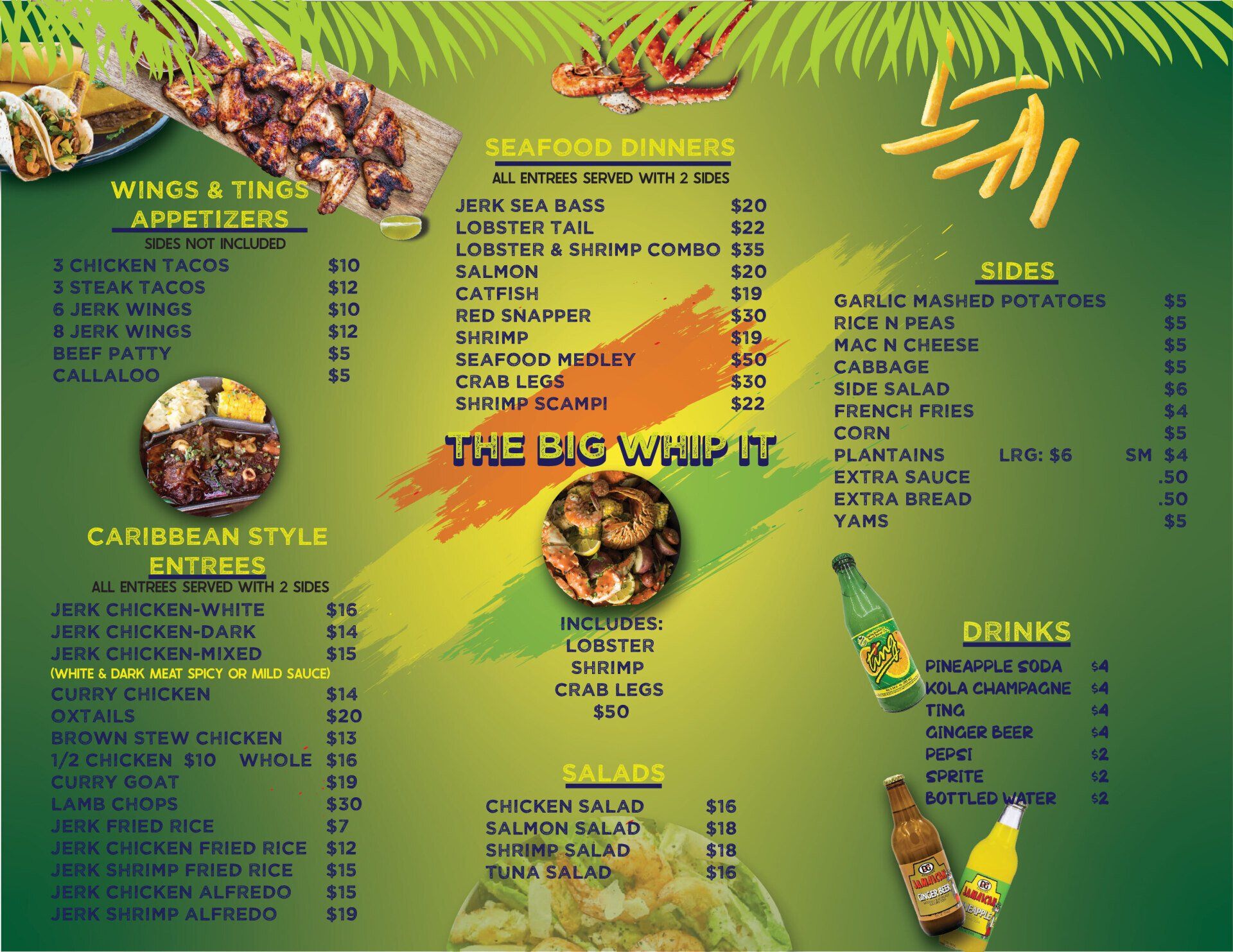 A menu for a restaurant called the big whip it