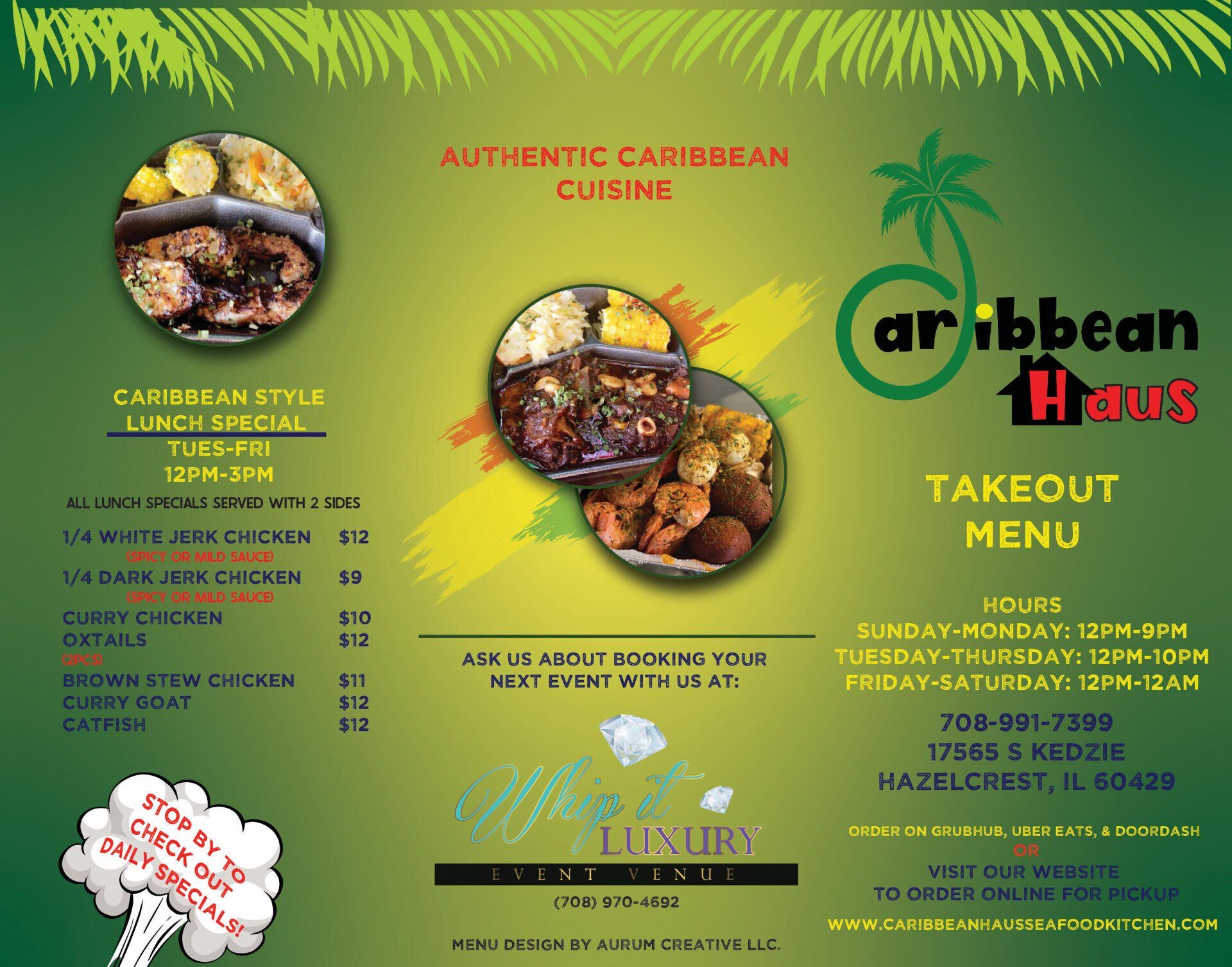 A takeout menu for the caribbean house