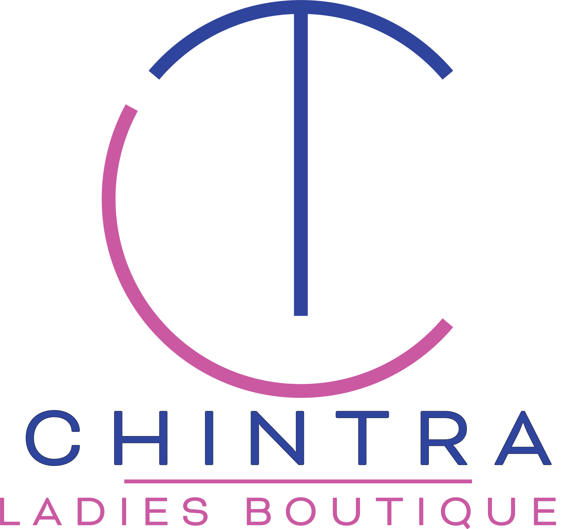 The logo for chintra ladies boutique has a blue and pink circle with a t in the middle.