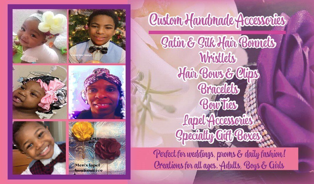 A collage of children 's hair accessories on a pink and purple background.