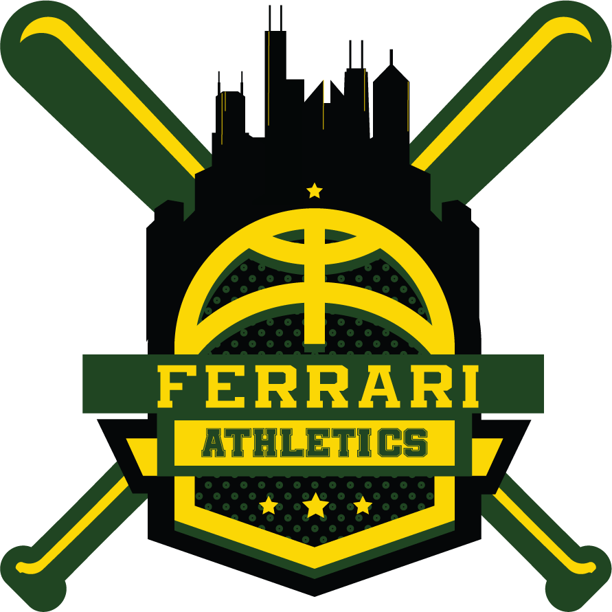 A logo for ferrari athletics with a basketball and crossed bats