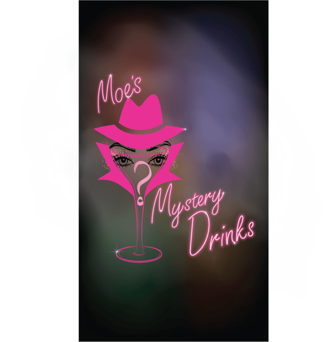 A neon sign for moe 's mystery drinks