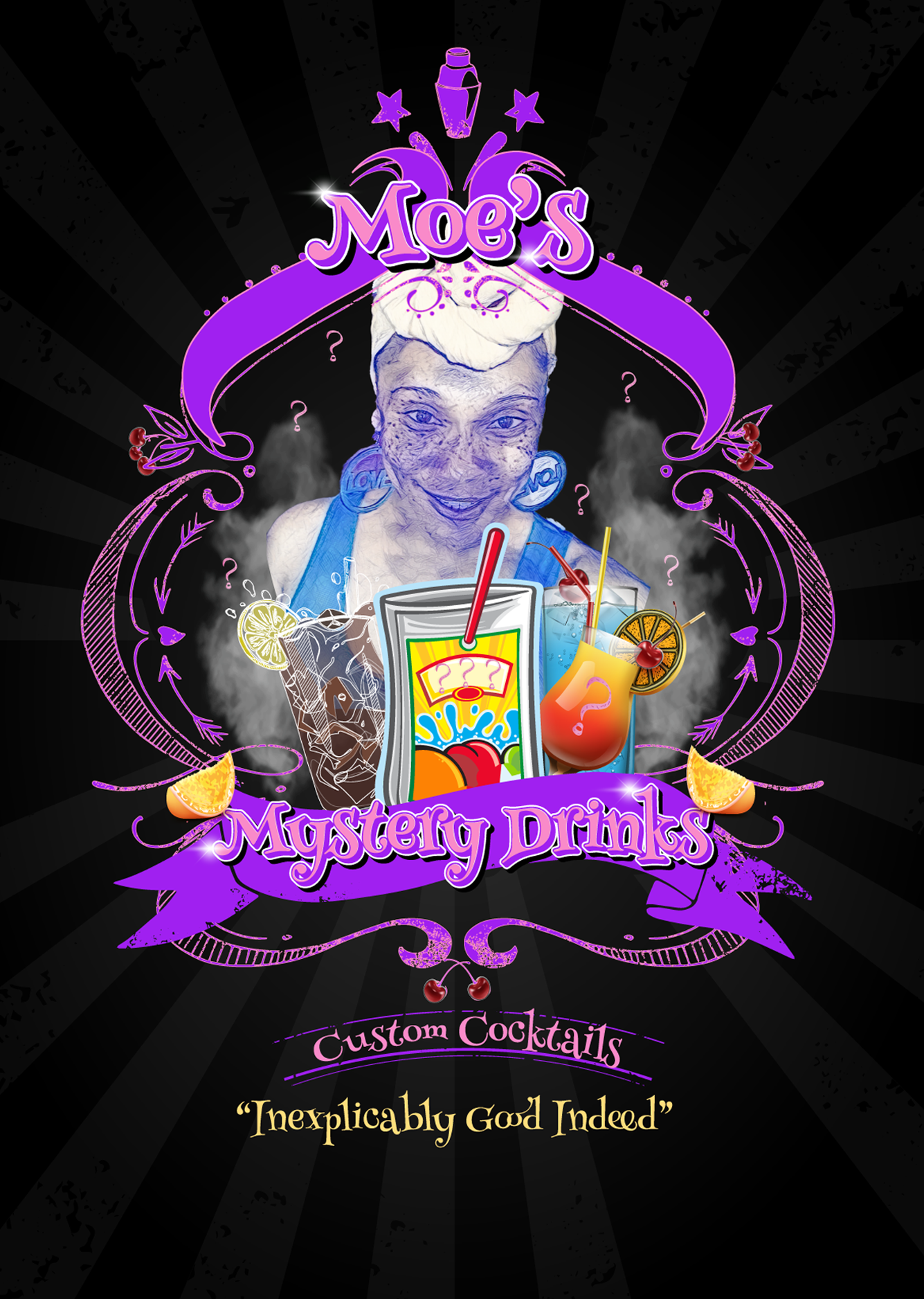 A poster for moe 's custom cocktails shows a woman with a drink in her hand
