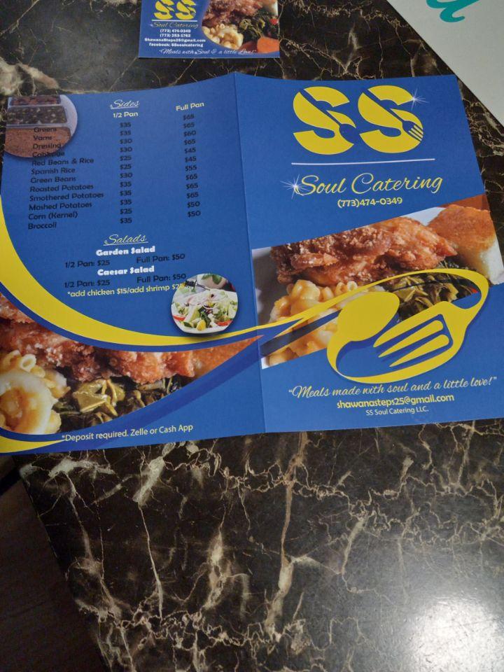 A blue and yellow menu for soul catering