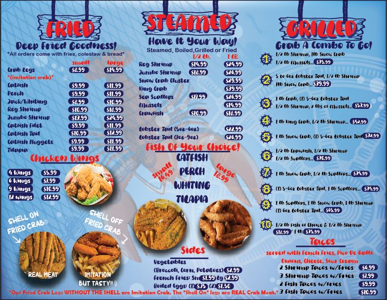 A menu for a fried and grilled restaurant