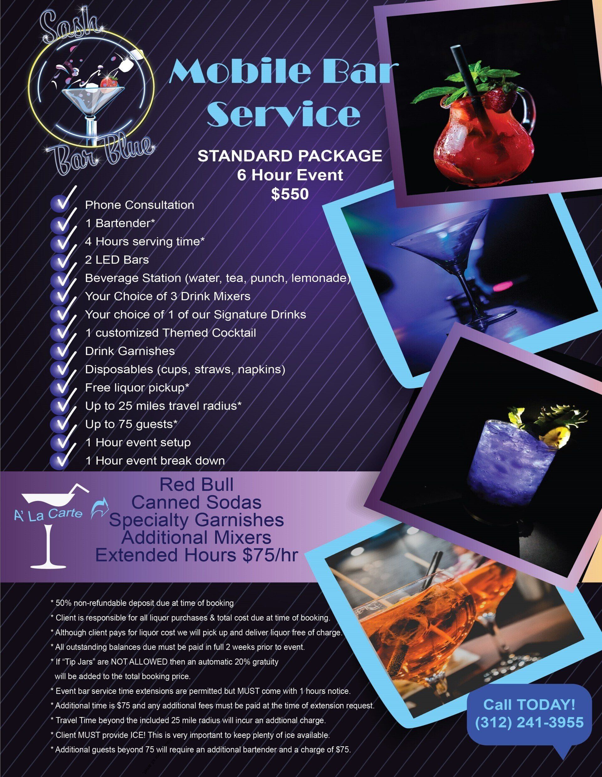 A purple and blue flyer for a mobile bar service