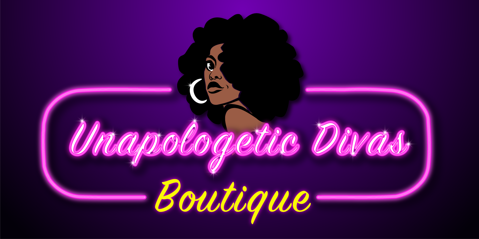 A neon sign for unapologetic divas boutique with a woman 's face on it.