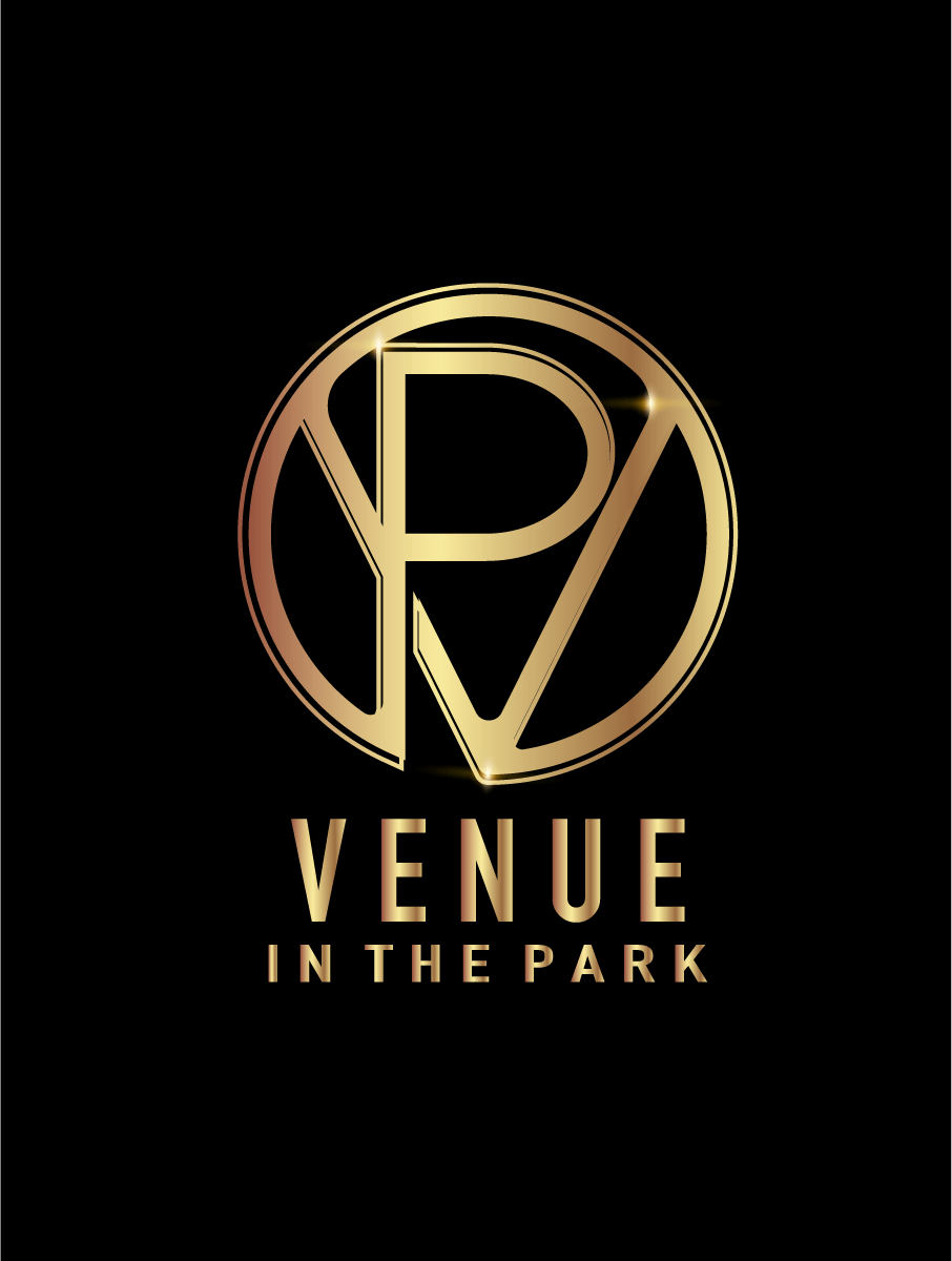 A gold logo for venue in the park on a black background