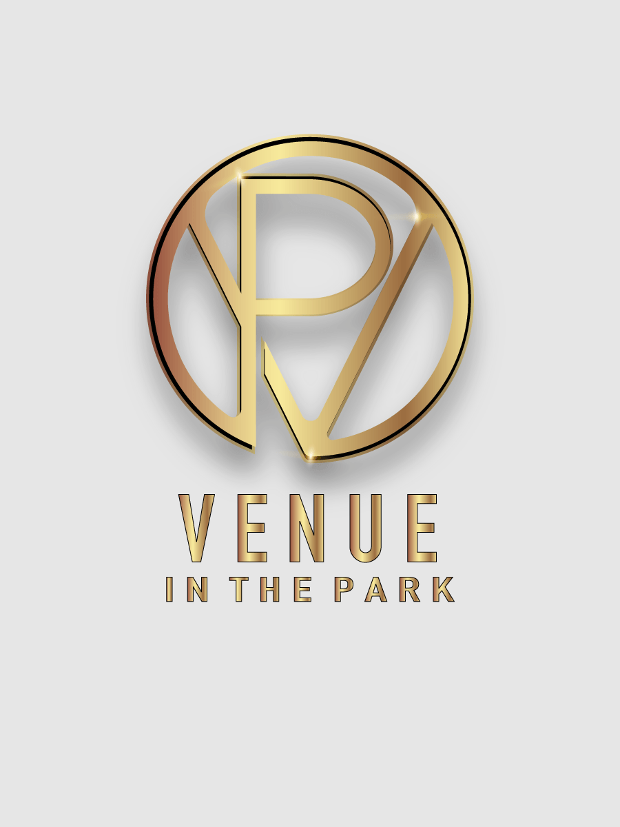 A gold logo for venue in the park on a white background
