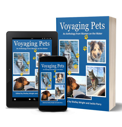 A book titled voyager pets is displayed on a tablet and phone