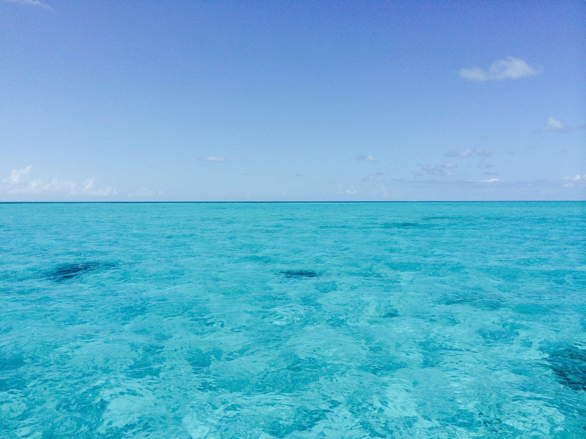 A large body of water with a blue sky in the background.