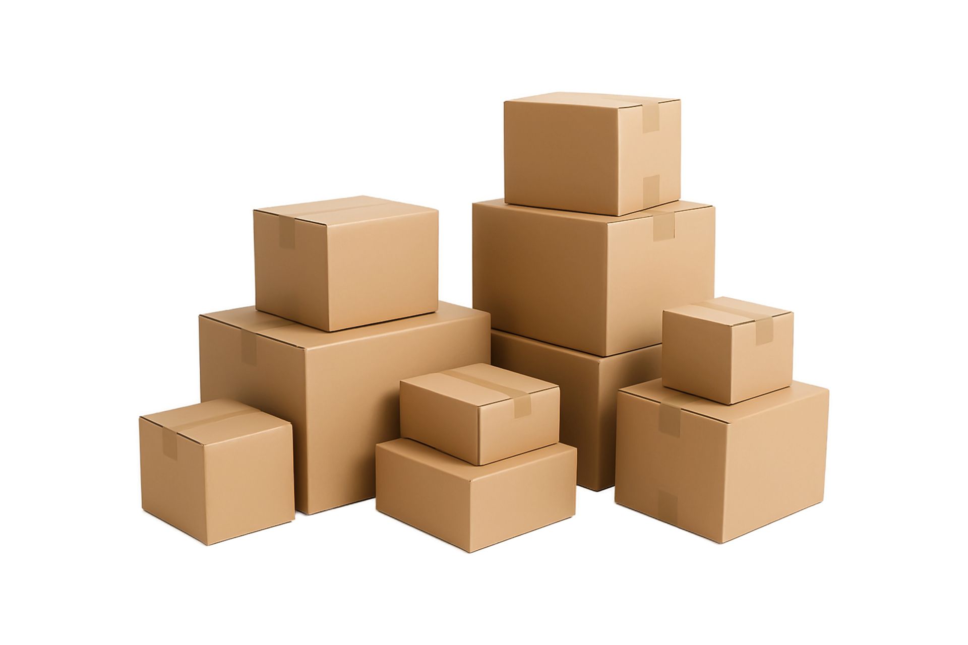 Pila de cajas de cartón marrón de varios tamaños apiladas sobre un fondo blanco.