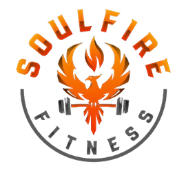 A logo for soulfire fitness with a phoenix and dumbbells