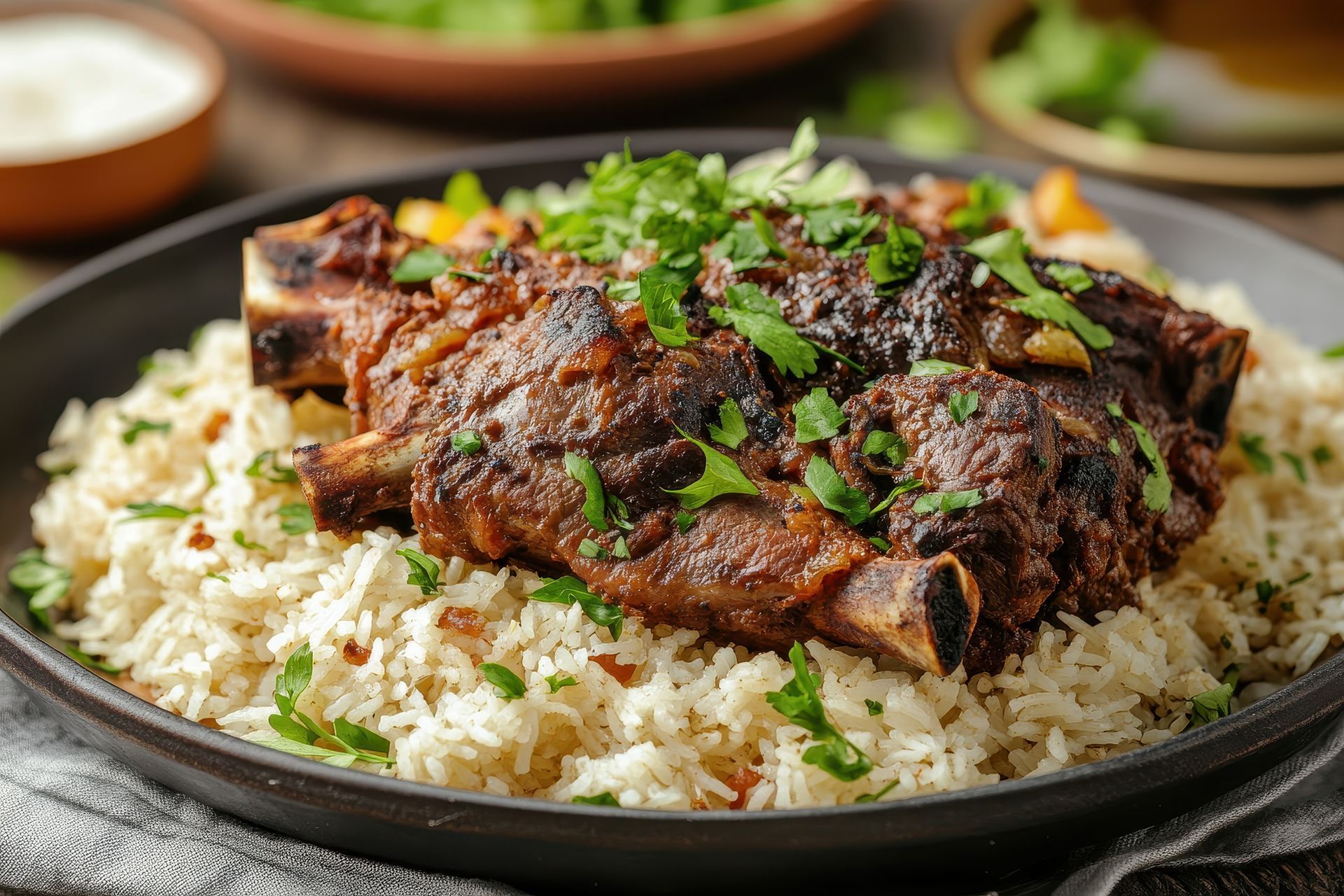 A close up of a plate of food with rice and meat on a table.