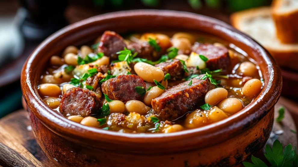 A bowl of soup with beans and sausage on a wooden table.