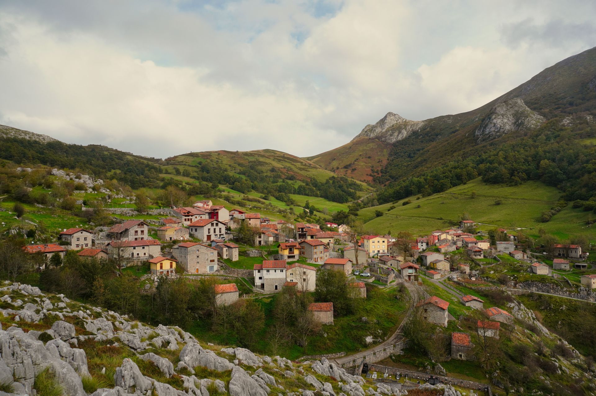 A small village in the middle of a mountain valley
