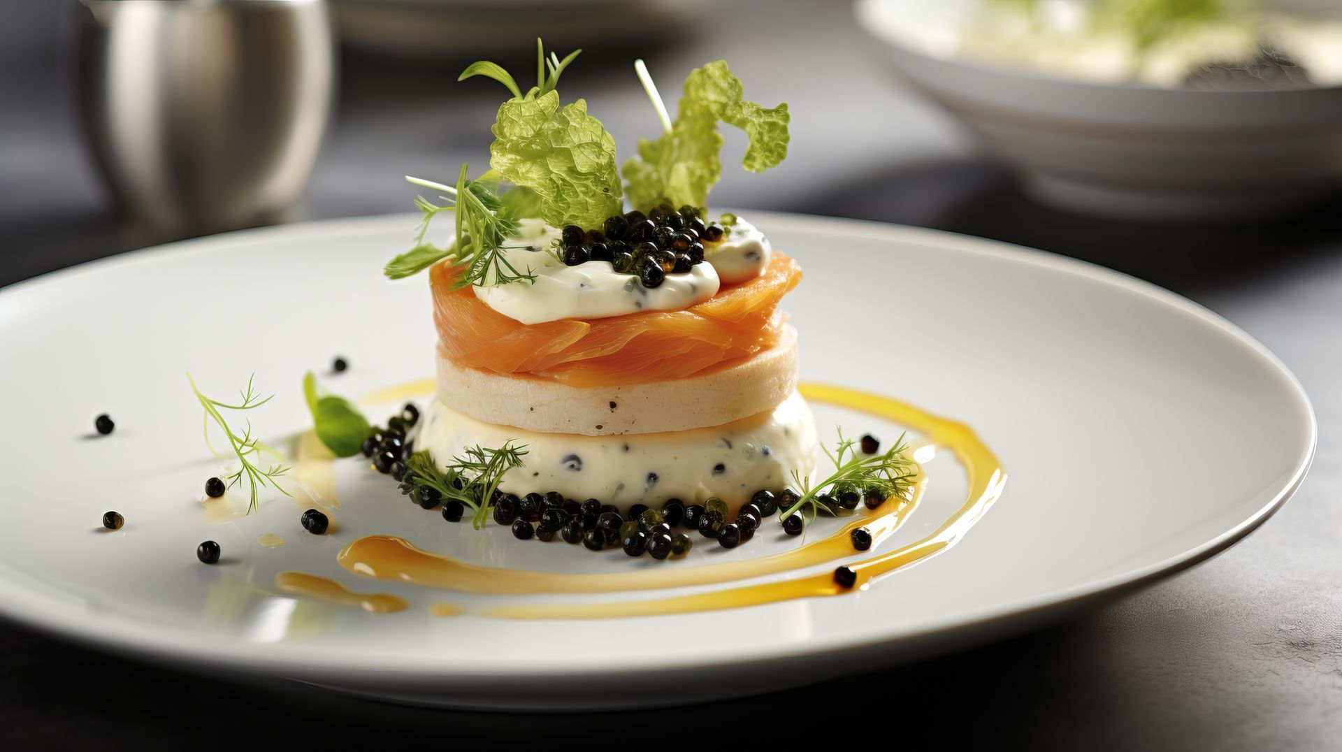 A white plate topped with a stack of food on a table.