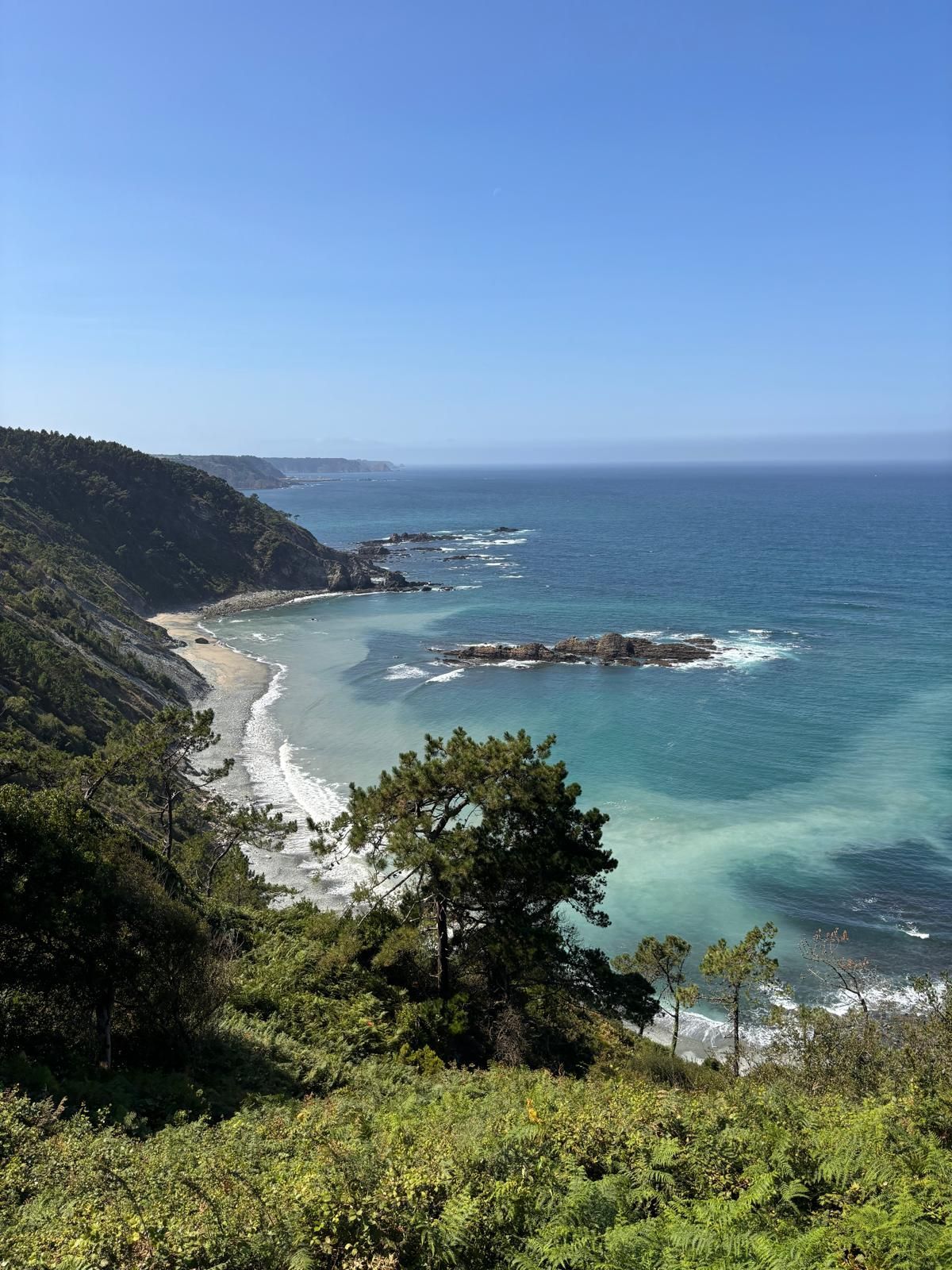 A view of a beach from a hill overlooking the ocean.