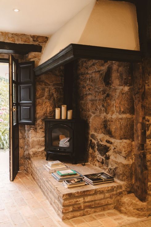 There is a fireplace in the middle of the room.