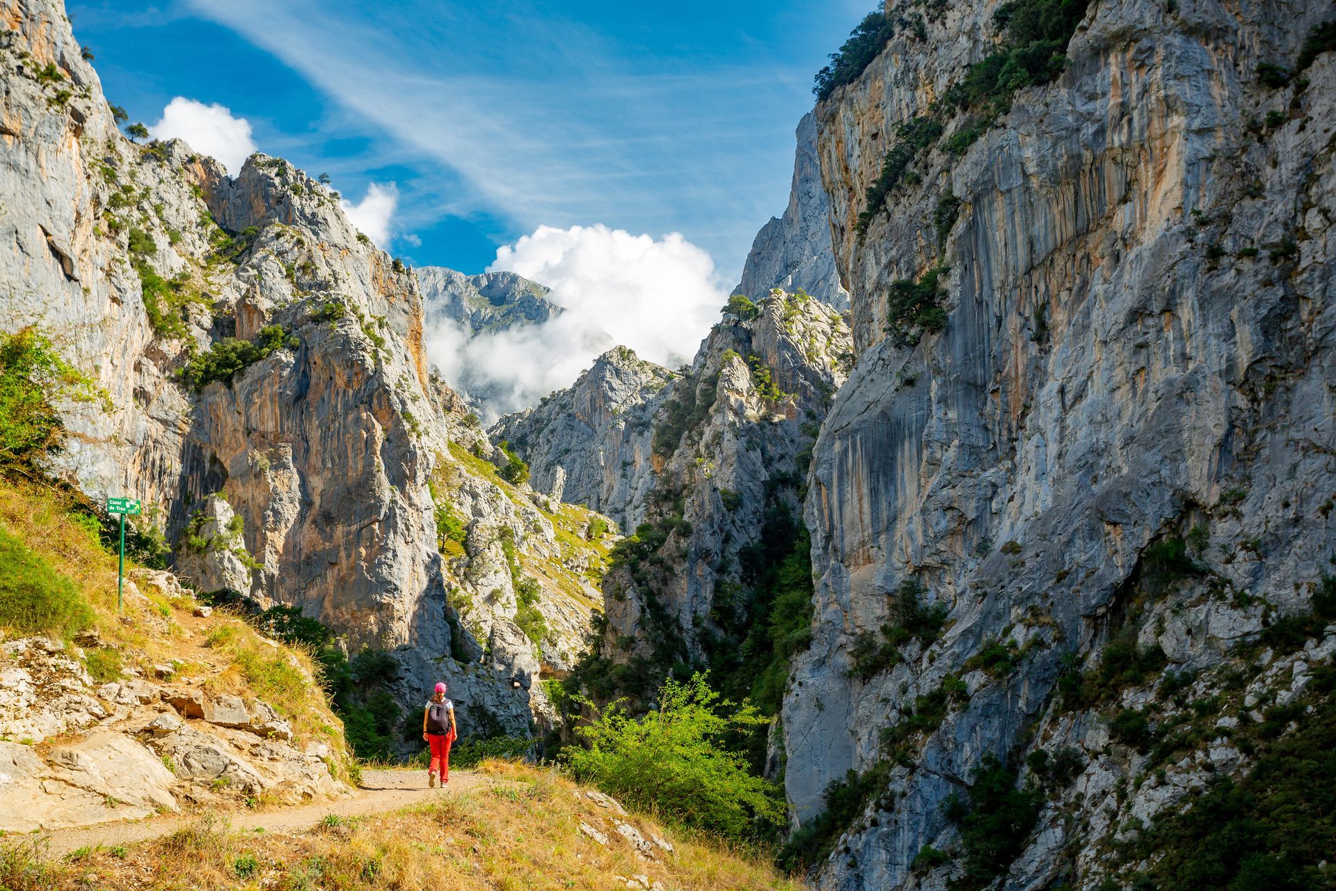 A person is walking down a path in the mountains.