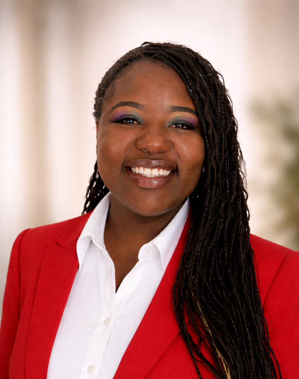 Smiling person in a red blazer and white shirt against a blurred indoor background