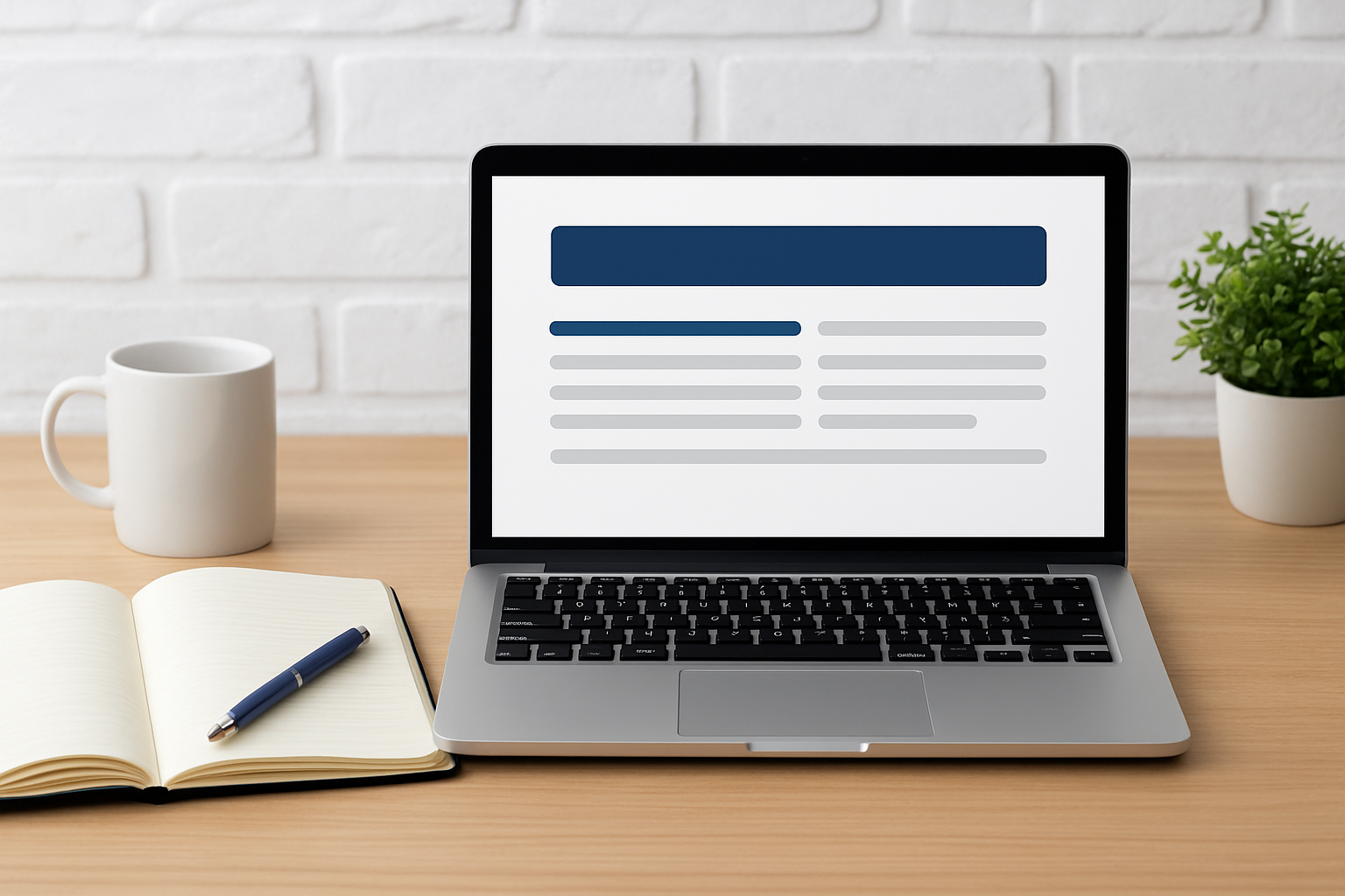 Laptop displaying webpage, mug, notebook, pen, and plant on wooden desk.