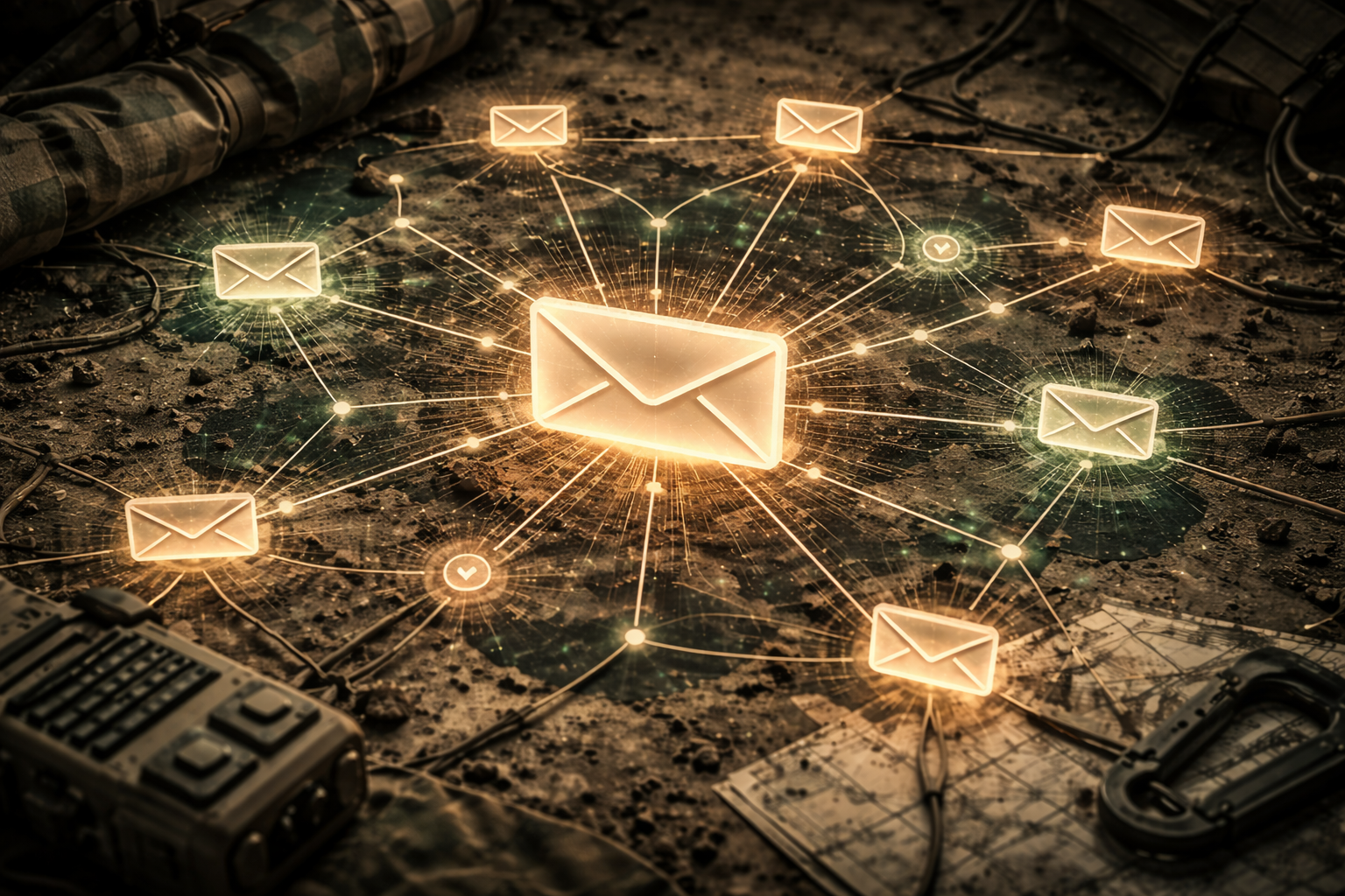 Glowing email icons connected on a tactical map, with radio and gear visible.