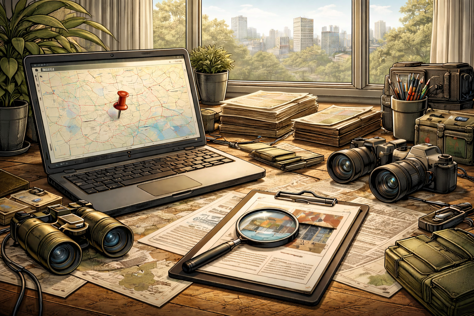 Laptop with map marked by red pin, binoculars, cameras, maps, magnifying glass, and travel gear on desk, city view out window.