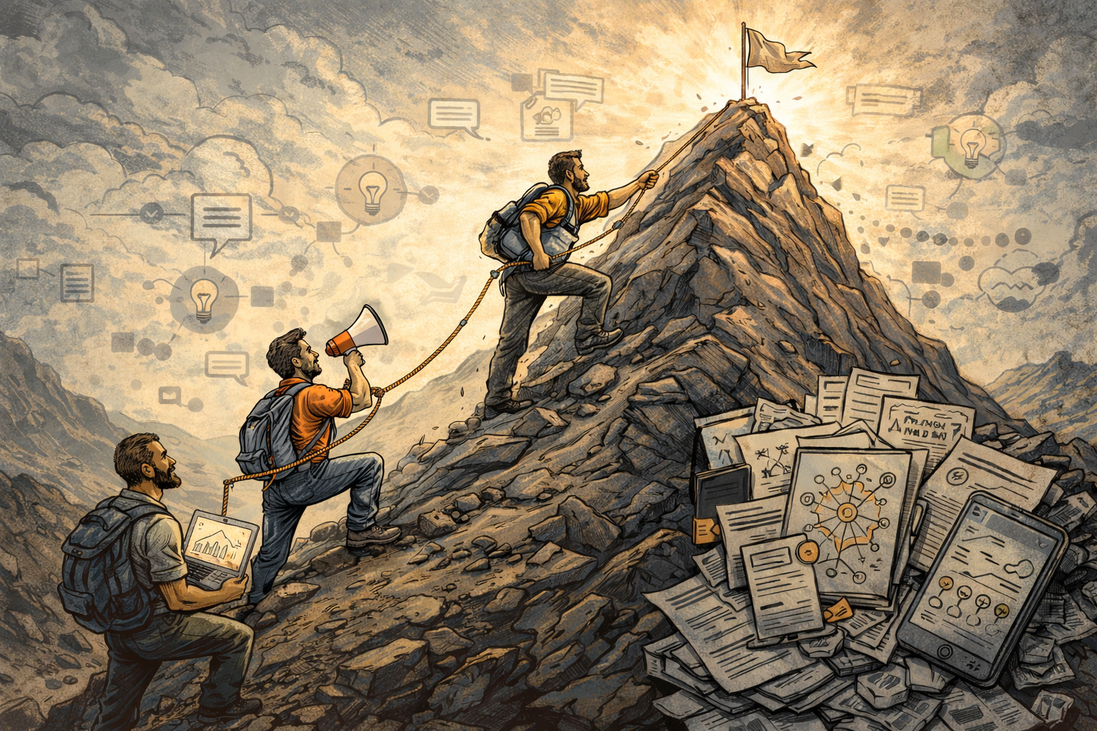 Three individuals ascend a rocky mountain toward a flag, surrounded by floating icons and documents.