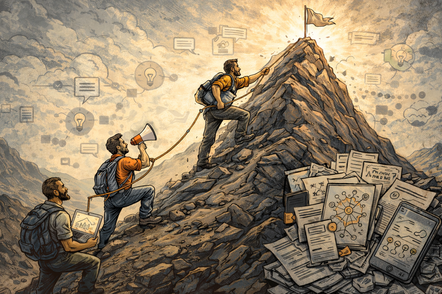 Three people climb a rocky mountain toward a flag, surrounded by floating documents, icons, and speech bubbles.