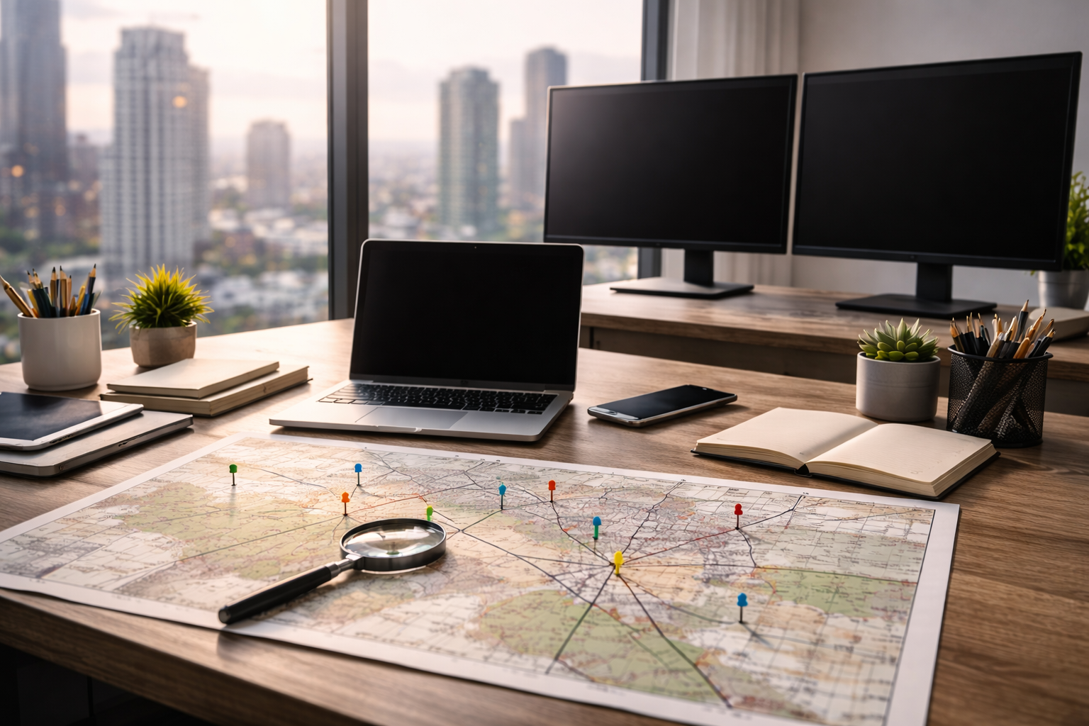 Desk with map and pushpins, magnifying glass, laptop, monitors, and city view.