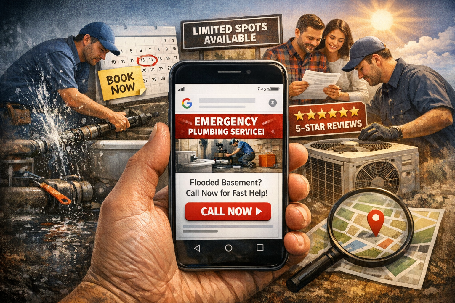 A hand holds a smartphone displaying an emergency plumbing service ad, surrounded by scenes of home repair and maps.